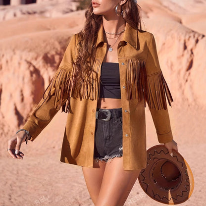Western Style Solid Color Suede Fringe Jacket for Women