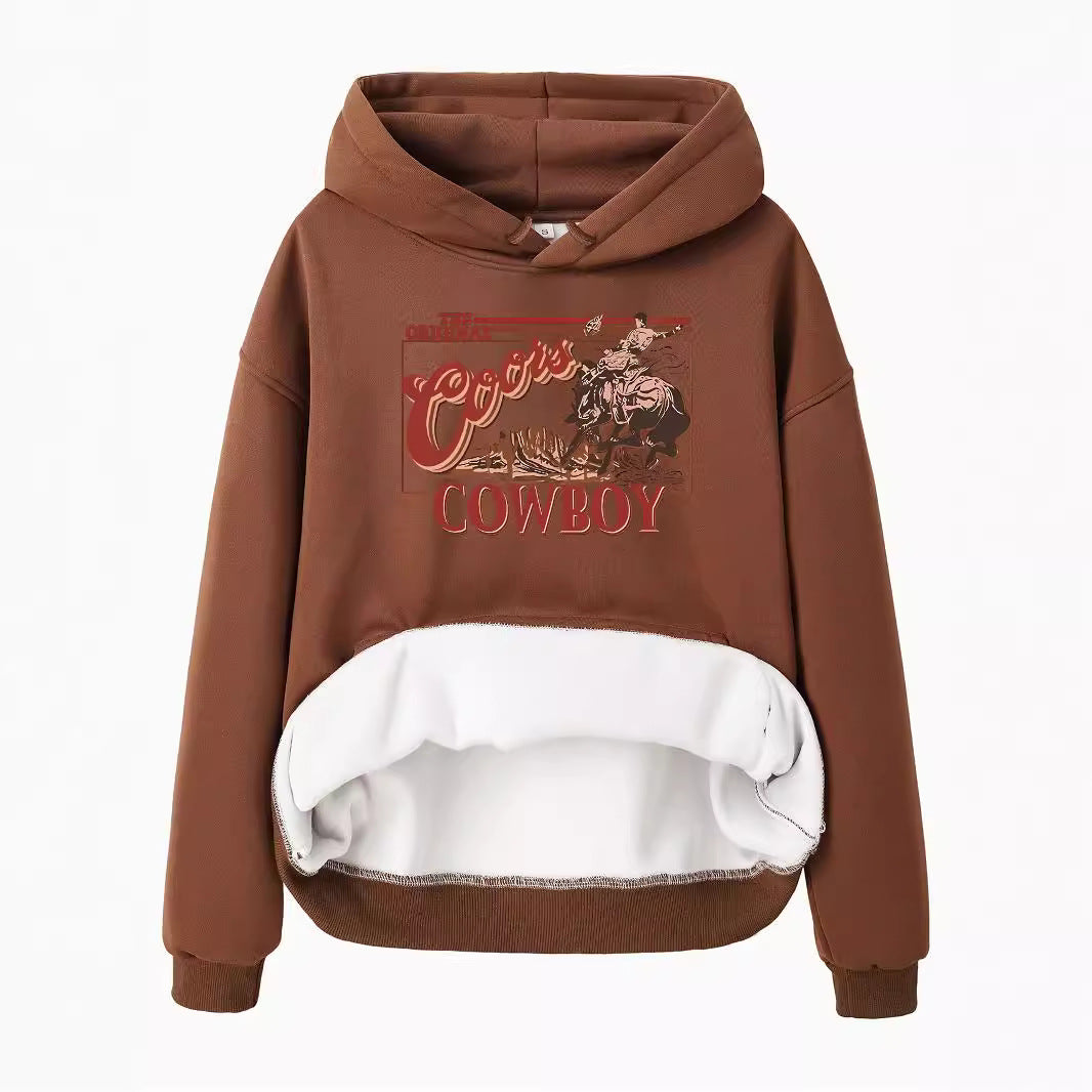 Hooded long sleeved fleece sweatshirt with western denim print