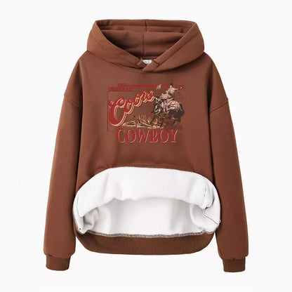 Hooded long sleeved fleece sweatshirt with western denim print