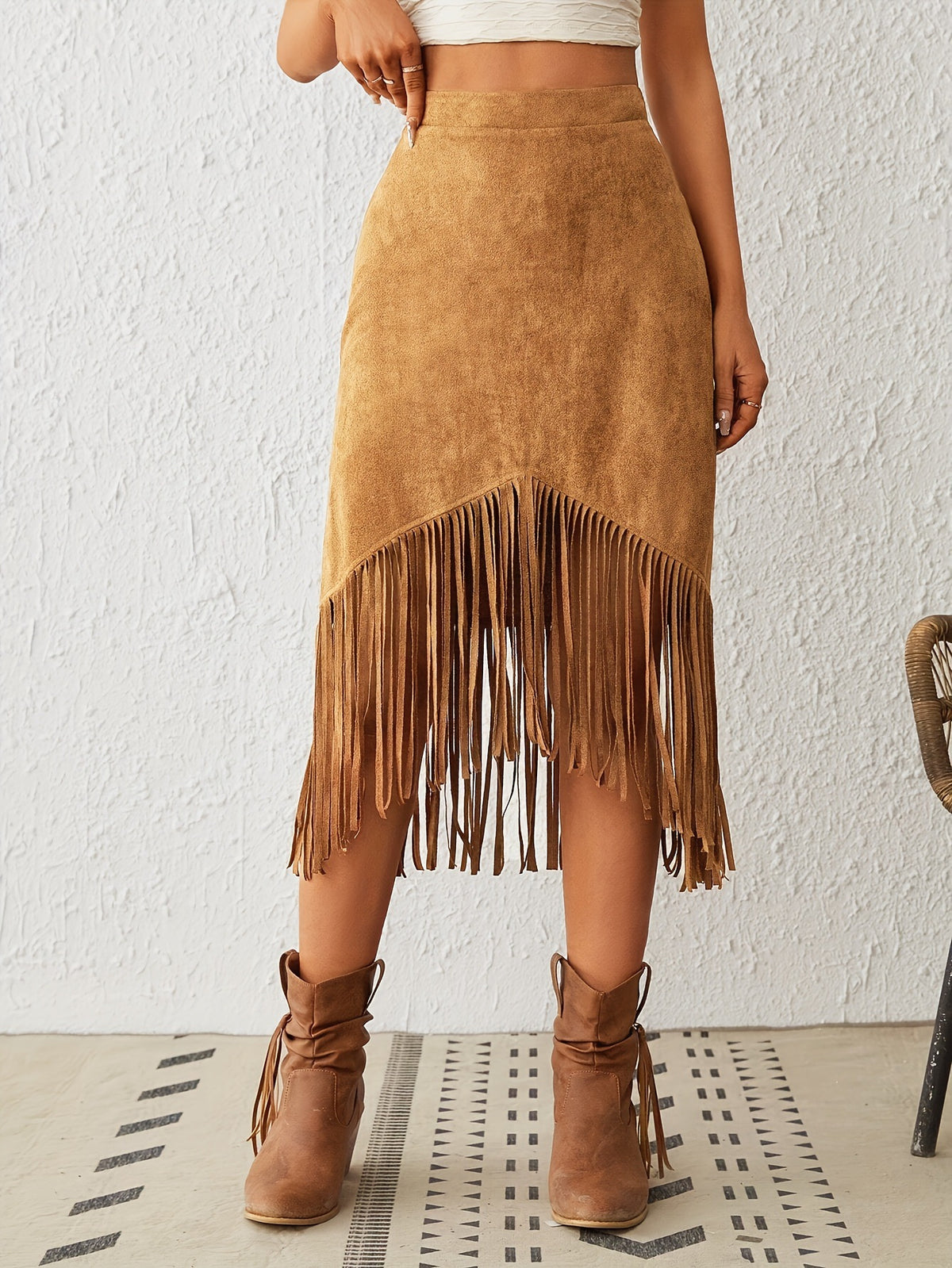 Western Style Faux Suede Fringe High Waist A-Line Skirt