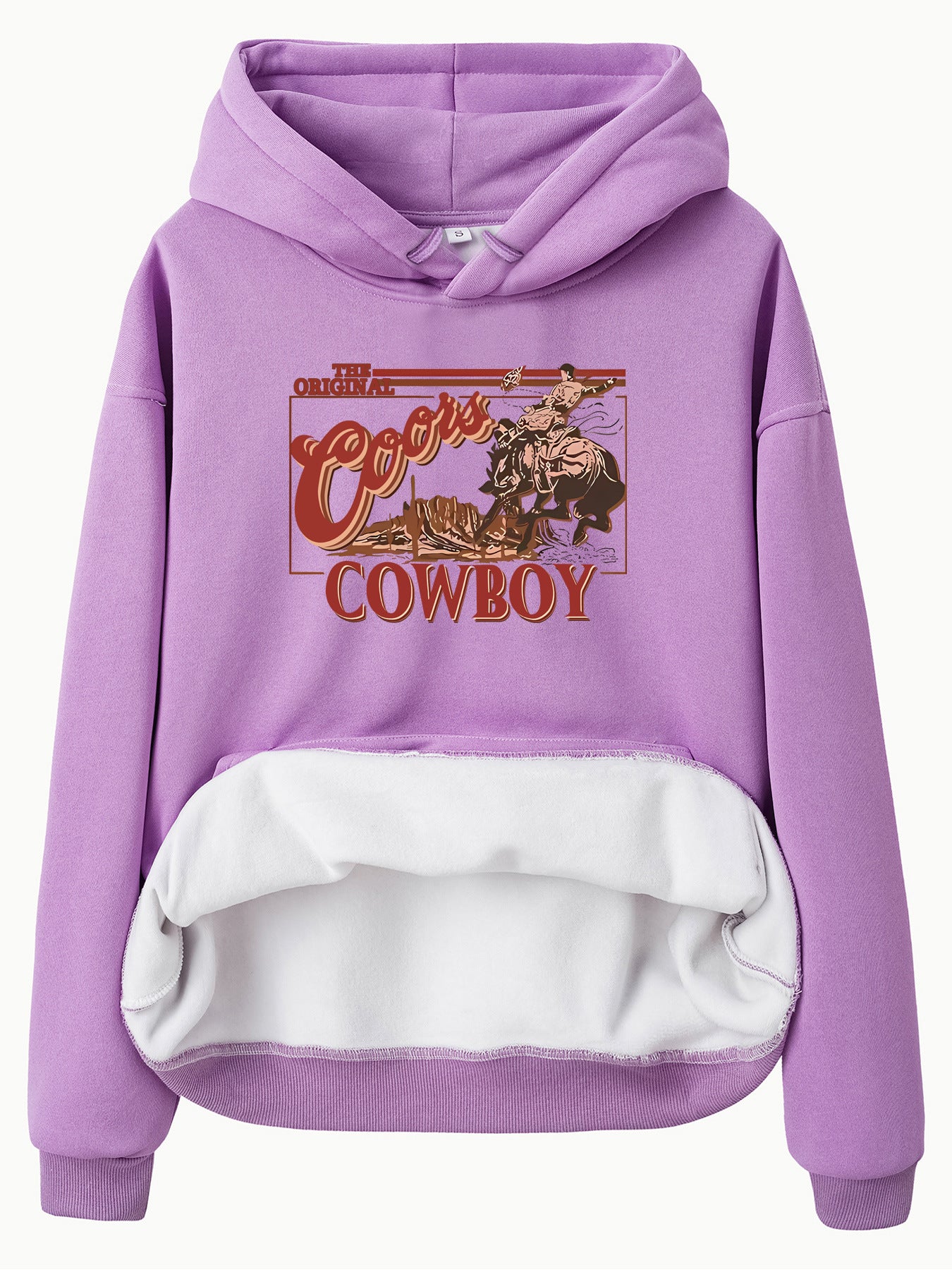 Hooded long sleeved fleece sweatshirt with western denim print