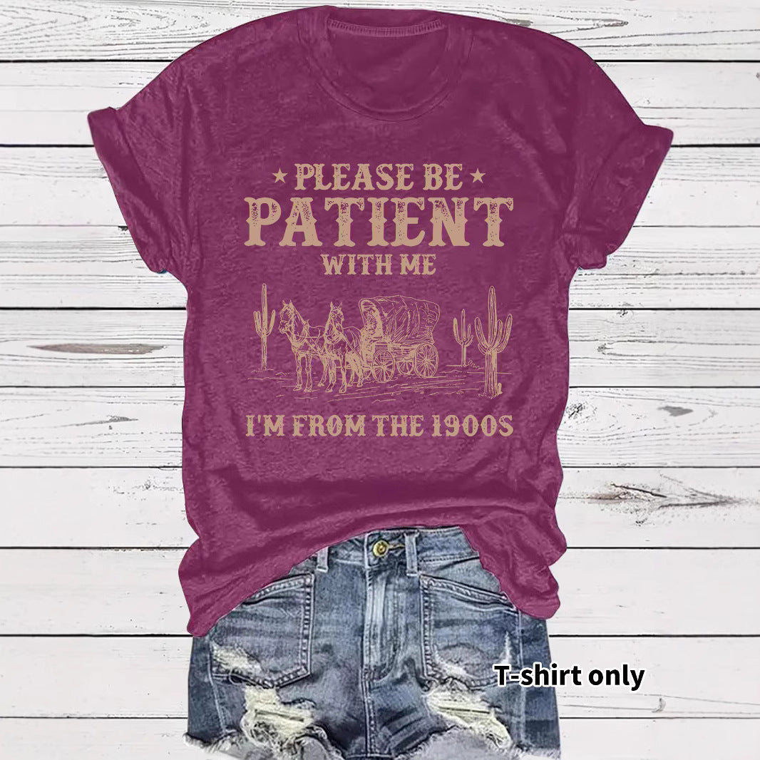 Western denim pattern round neck short sleeved shirt