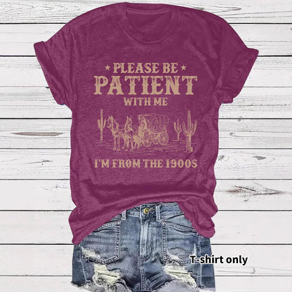 Western denim pattern round neck short sleeved shirt