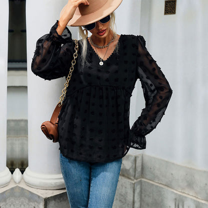 Women's Black Western-style Solid Color V-Neck Pullover Mesh Long Sleeve Shirt