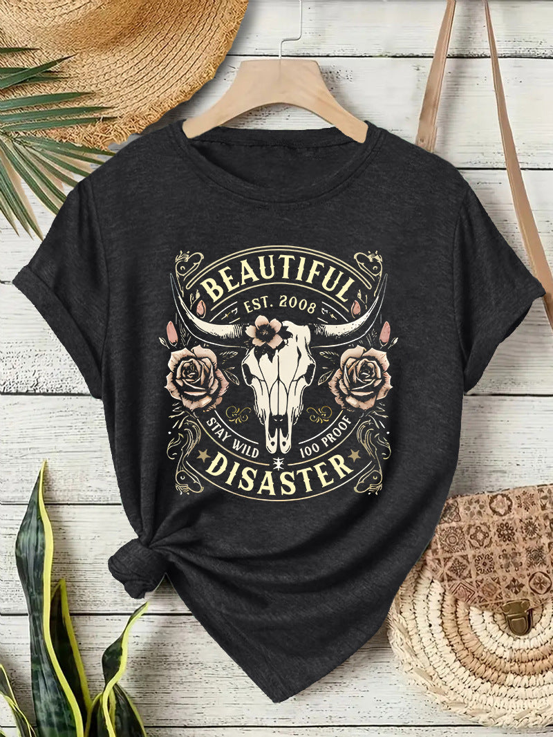 Short sleeved women's T-shirt with Western denim pattern