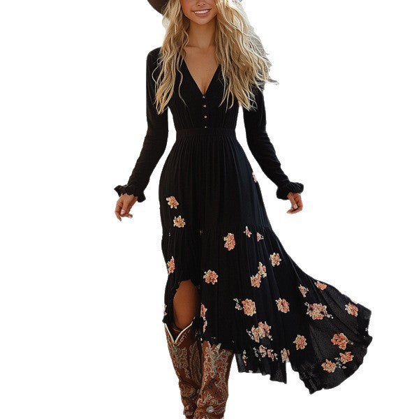 Western Style Ethnic Floral Print Vintage Dress