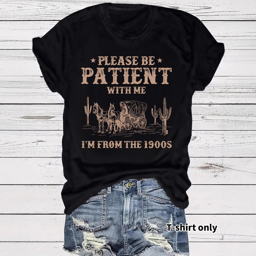 Western denim pattern round neck short sleeved shirt