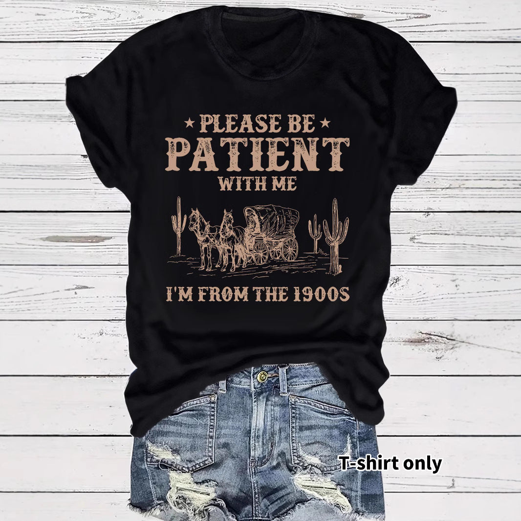 Western denim pattern round neck short sleeved shirt