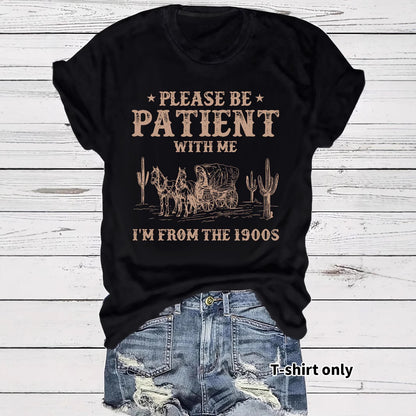 Western denim pattern round neck short sleeved shirt