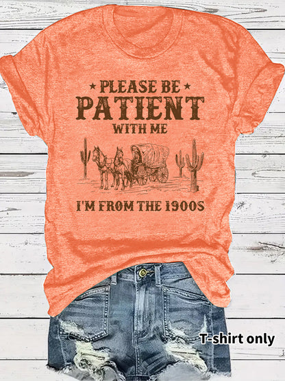 Western denim pattern round neck short sleeved shirt
