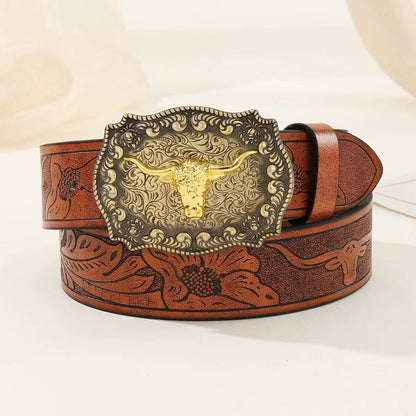 Western Cowboy Belt with Bull Head Buckle