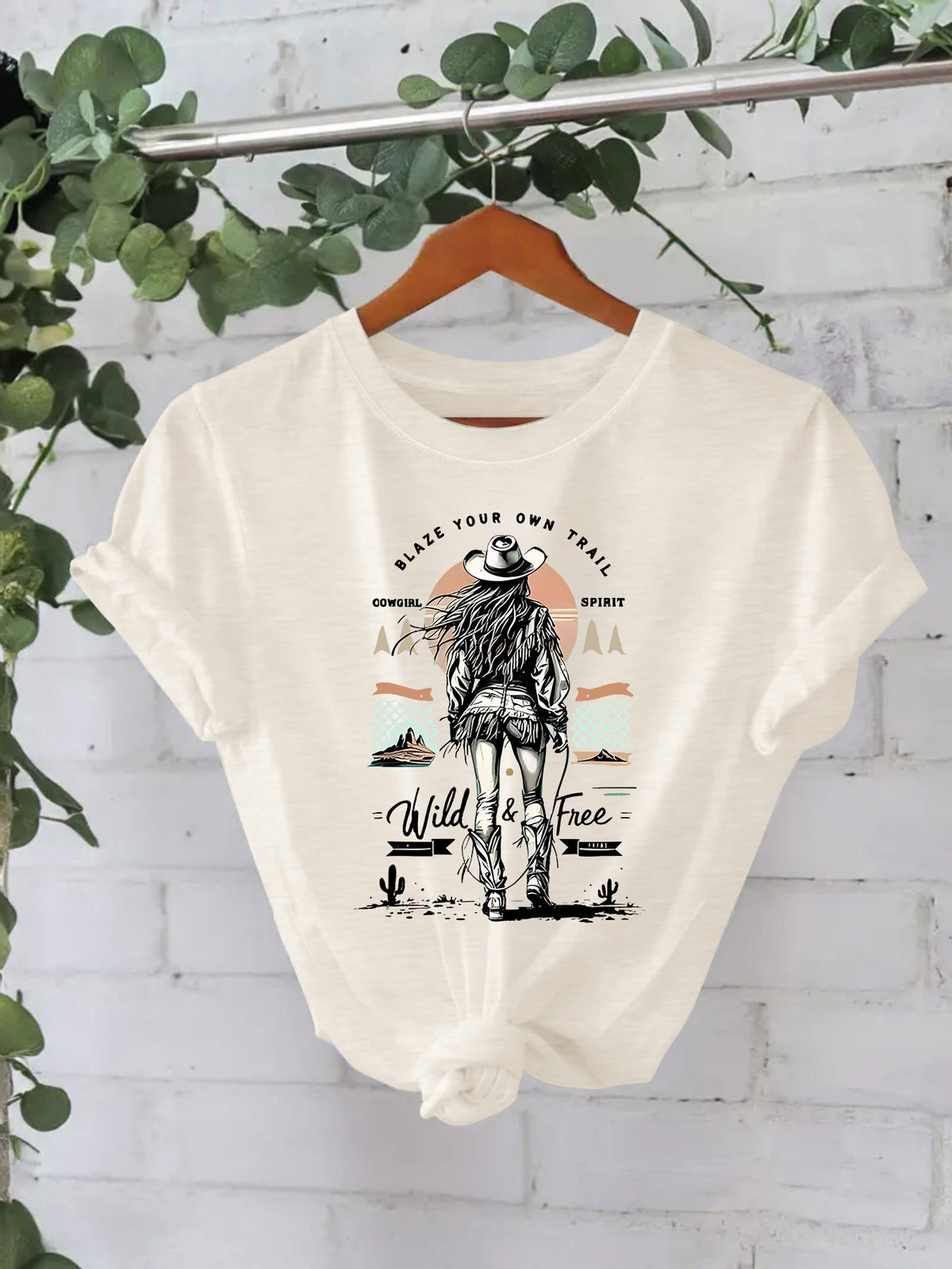 Western denim print round neck loose short sleeved shirt