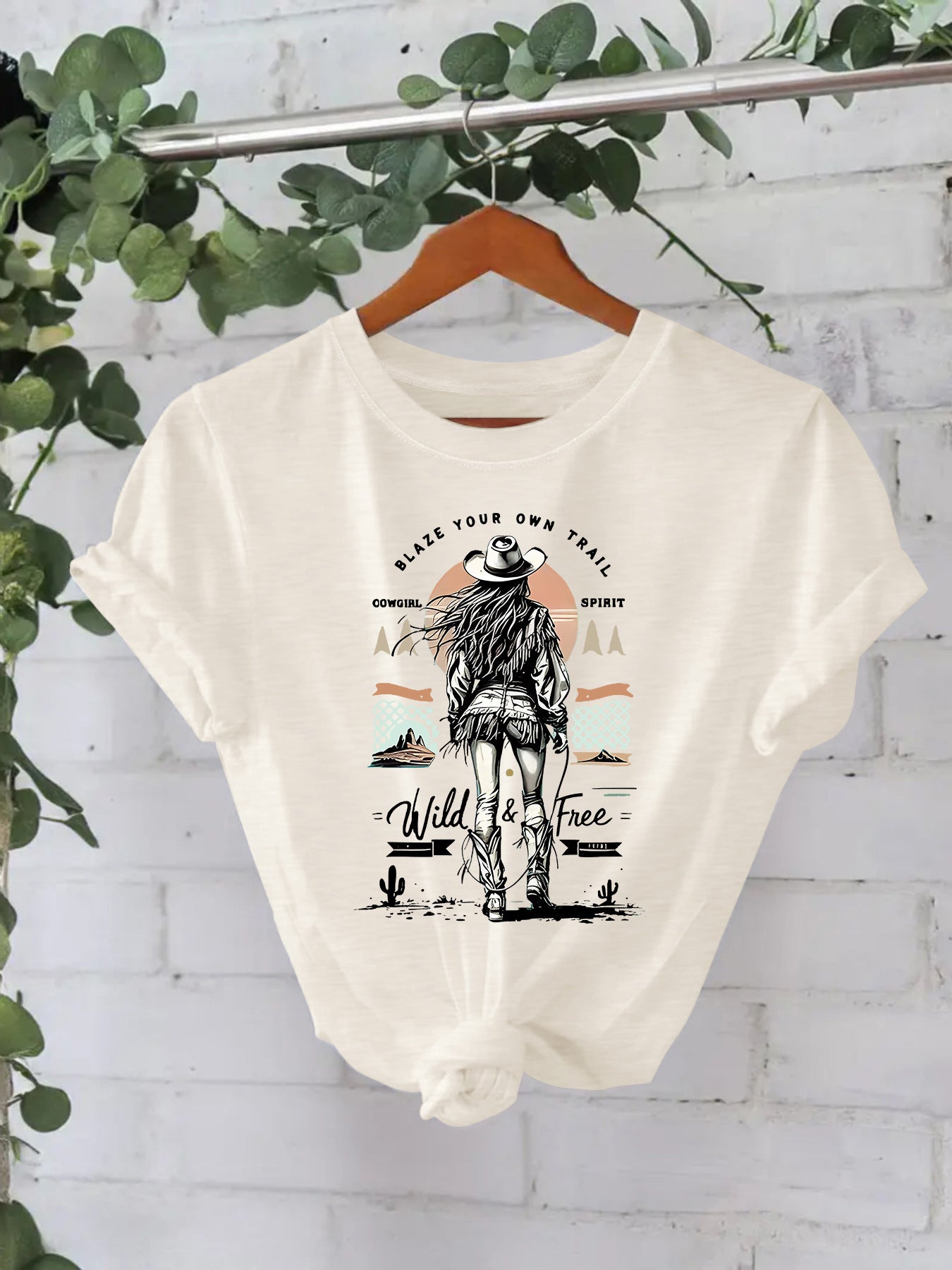 Western denim print round neck loose short sleeved shirt