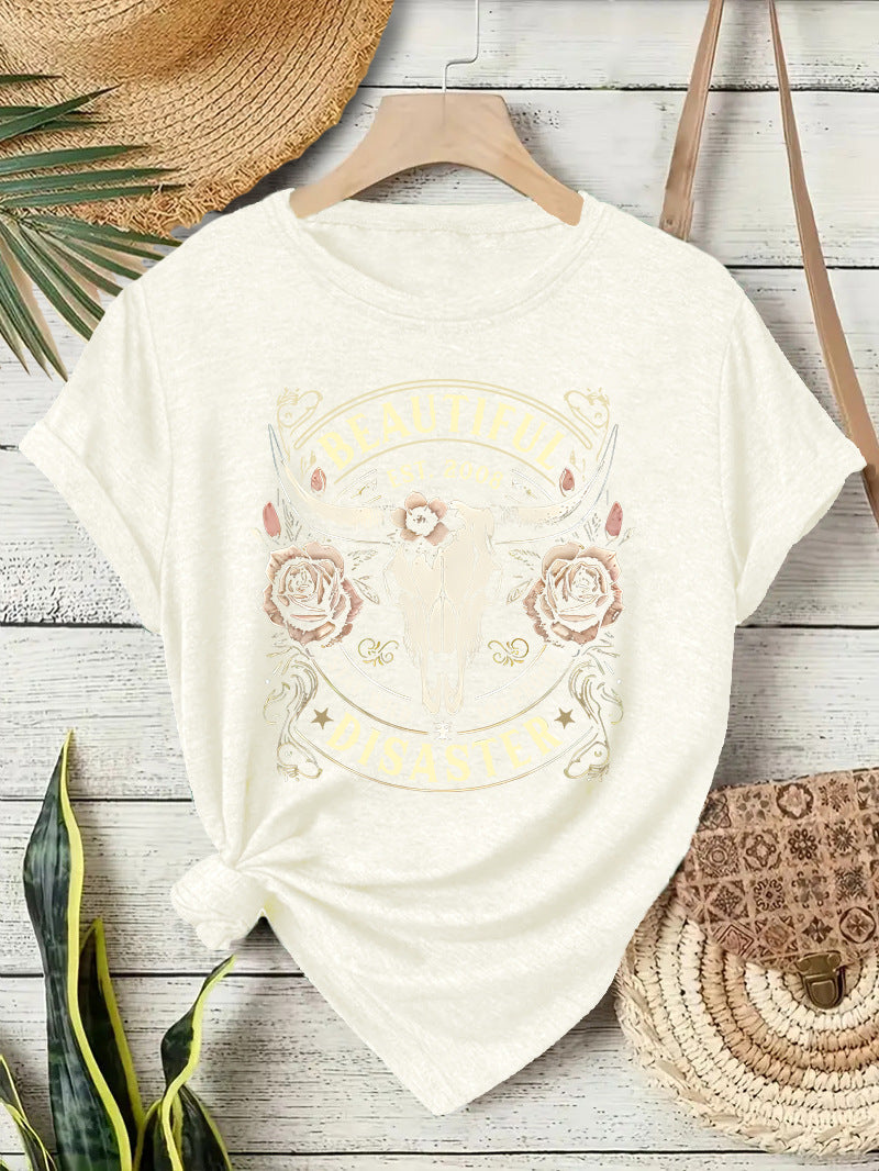 Short sleeved women's T-shirt with Western denim pattern