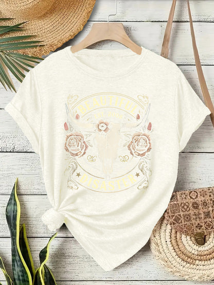 Short sleeved women's T-shirt with Western denim pattern