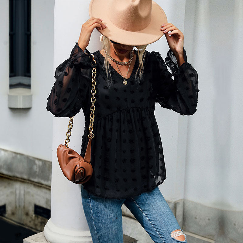 Women's Black Western-style Solid Color V-Neck Pullover Mesh Long Sleeve Shirt