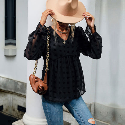 Women's Black Western-style Solid Color V-Neck Pullover Mesh Long Sleeve Shirt