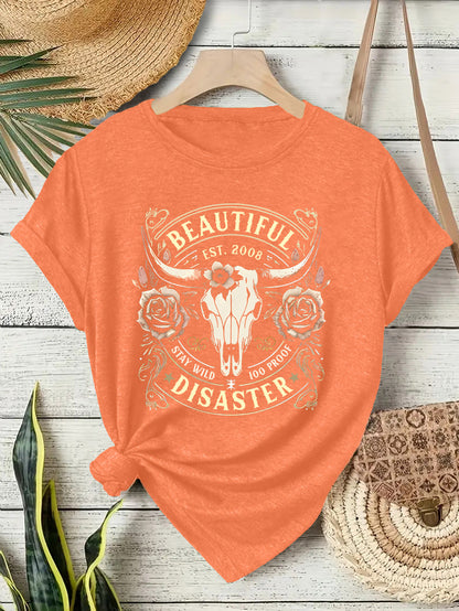 Short sleeved women's T-shirt with Western denim pattern
