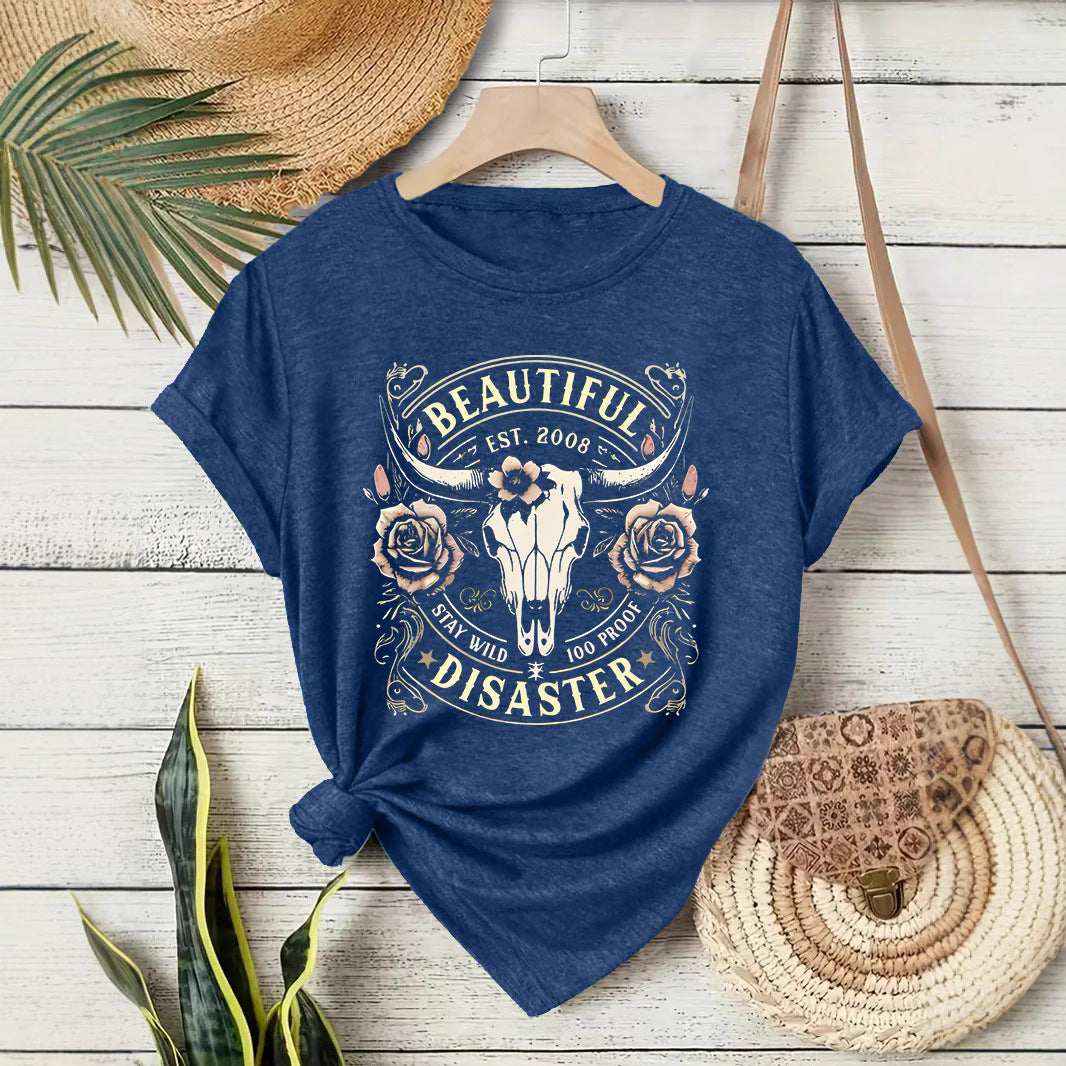 Short sleeved women's T-shirt with Western denim pattern