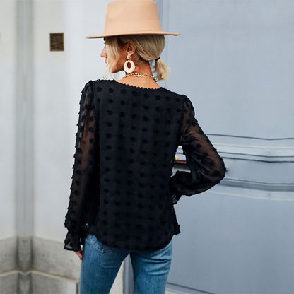 Women's Black Western-style Solid Color V-Neck Pullover Mesh Long Sleeve Shirt