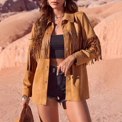 Western Style Solid Color Suede Fringe Jacket for Women
