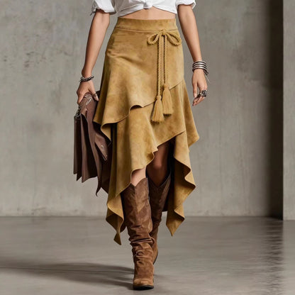 Retro Western Style Irregular Design Suede Skirt Solid Color Midi Skirt