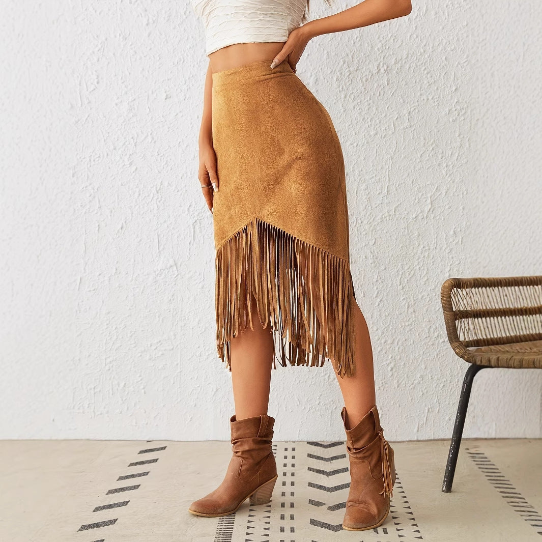 Western Style Faux Suede Fringe High Waist A-Line Skirt