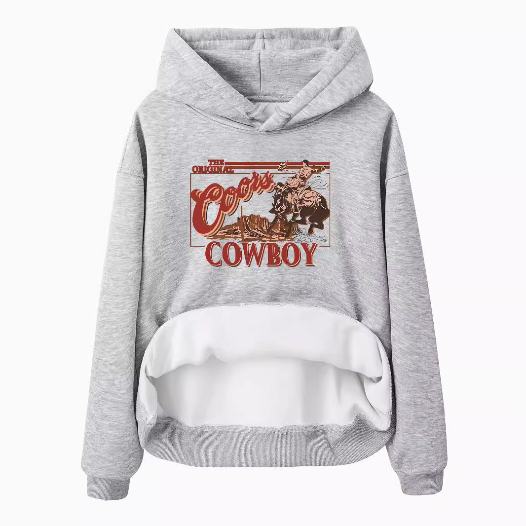 Hooded long sleeved fleece sweatshirt with western denim print
