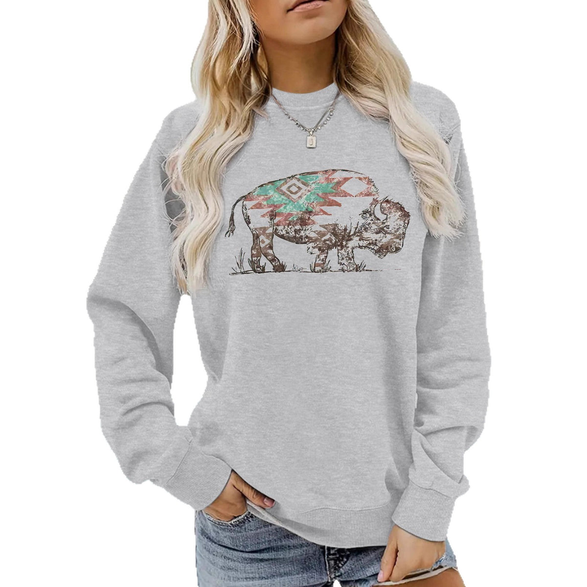 Round neck Western ethnic buffalo print loose hoodie