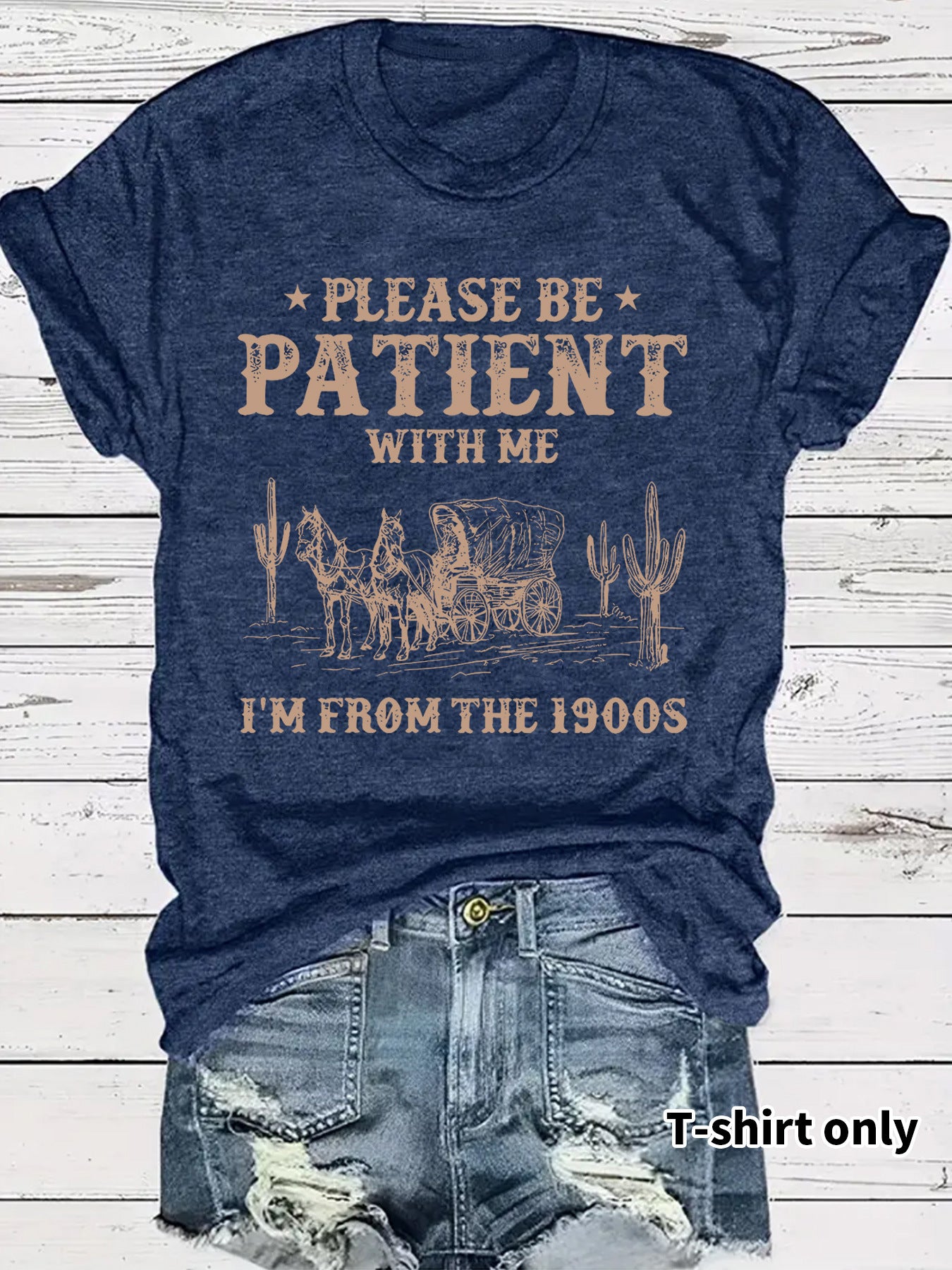 Western denim pattern round neck short sleeved shirt