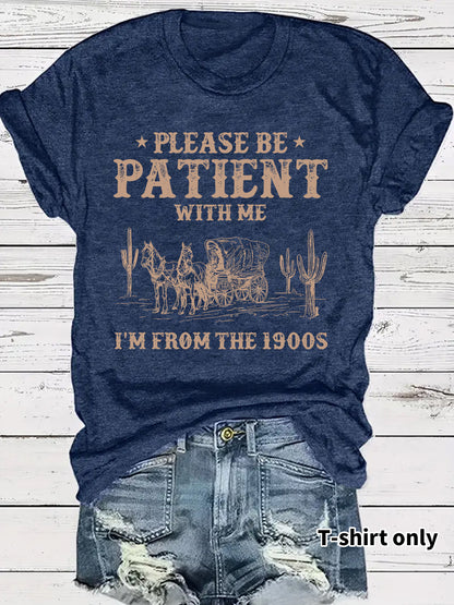 Western denim pattern round neck short sleeved shirt