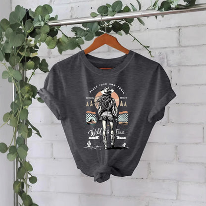 Western denim print round neck loose short sleeved shirt