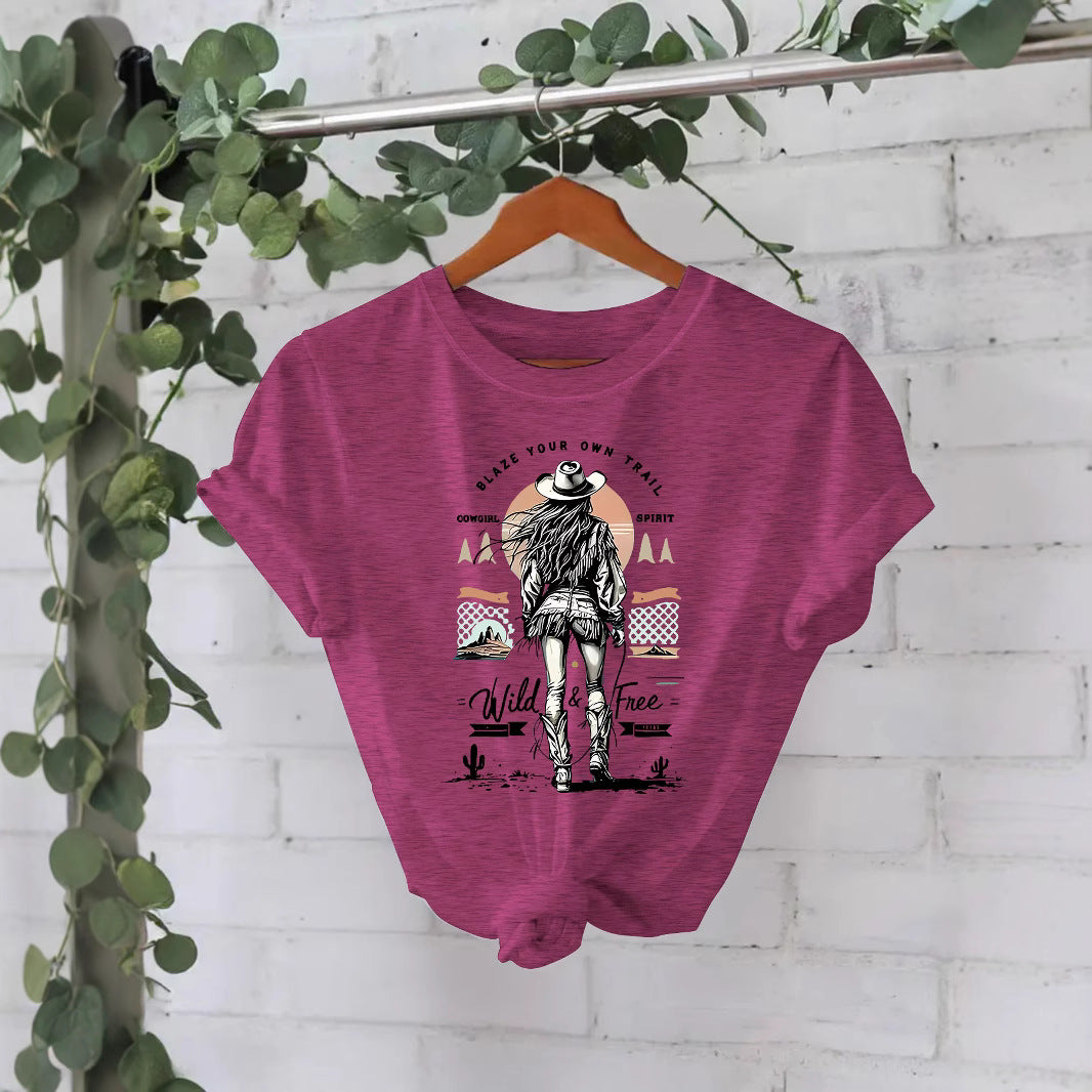 Western denim print round neck loose short sleeved shirt