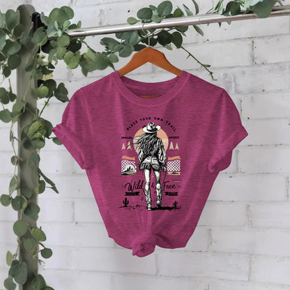 Western denim print round neck loose short sleeved shirt