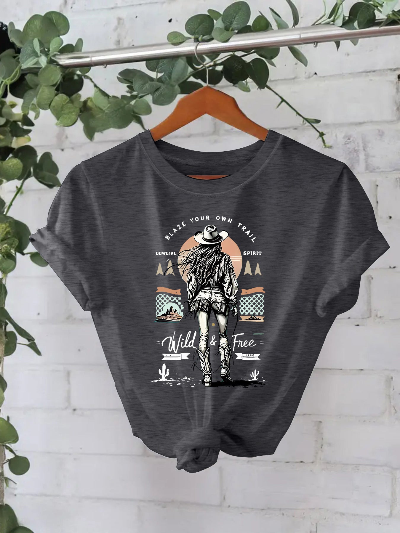 Western denim print round neck loose short sleeved shirt