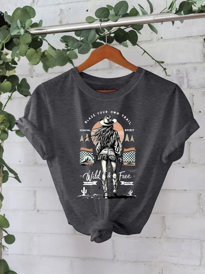 Western denim print round neck loose short sleeved shirt