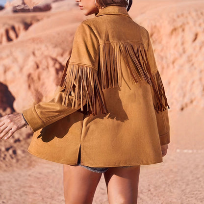 Western Style Solid Color Suede Fringe Jacket for Women
