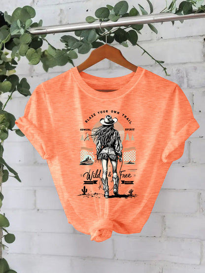 Western denim print round neck loose short sleeved shirt