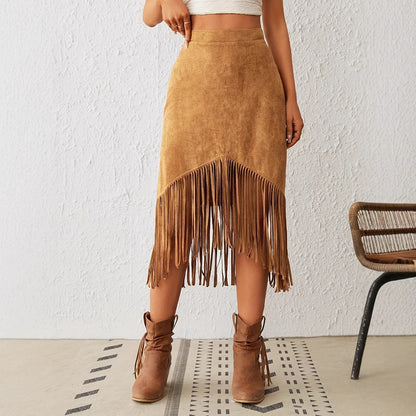 Western Style Faux Suede Fringe High Waist A-Line Skirt