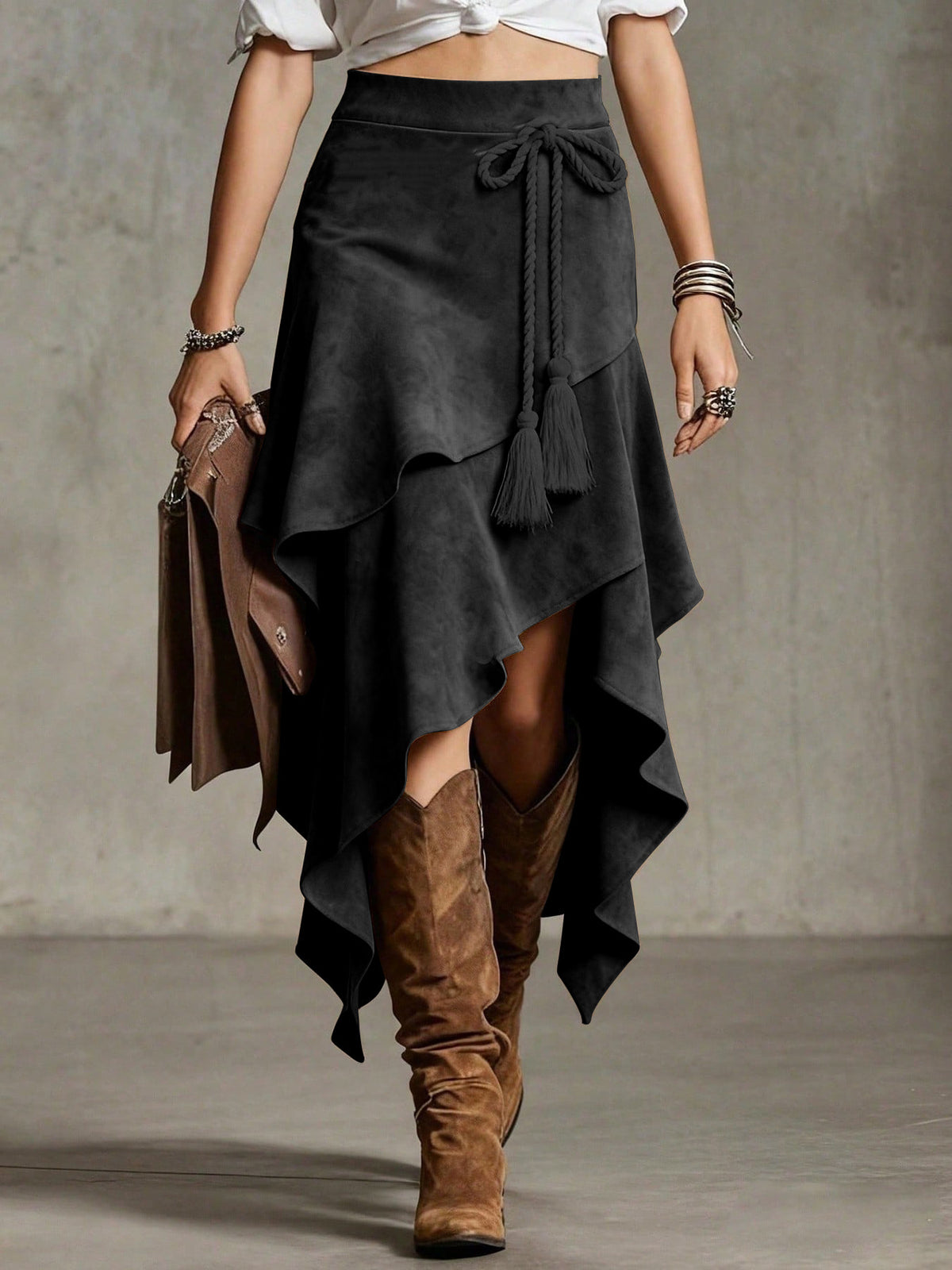 Retro Western Style Irregular Design Suede Skirt Solid Color Midi Skirt