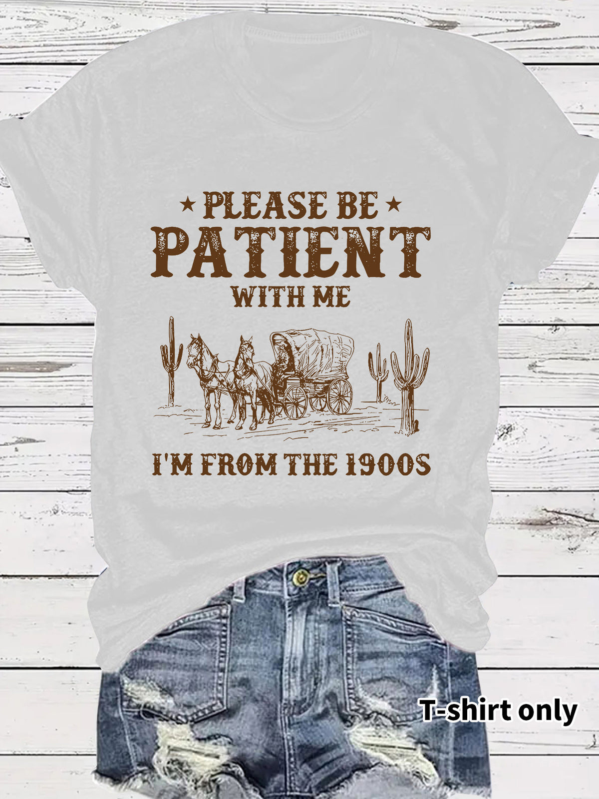 Western denim pattern round neck short sleeved shirt