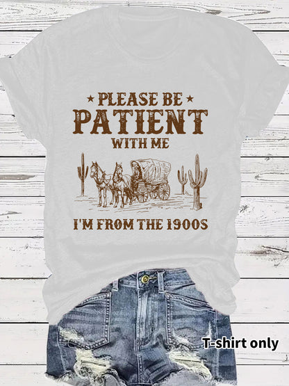 Western denim pattern round neck short sleeved shirt