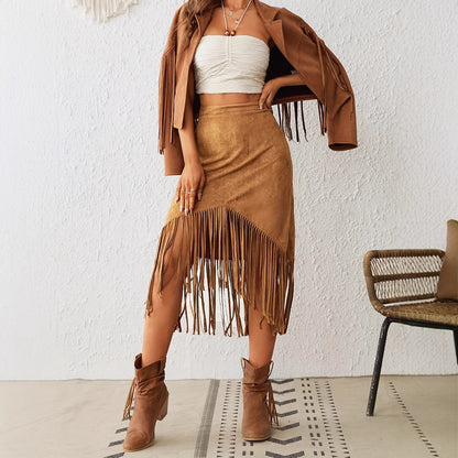 Western Style Faux Suede Fringe High Waist A-Line Skirt