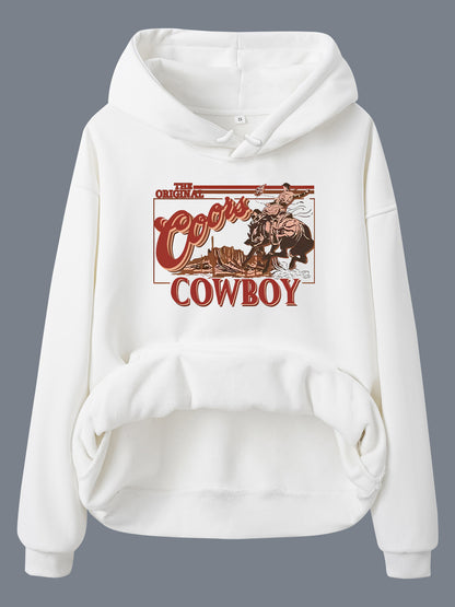 Hooded long sleeved fleece sweatshirt with western denim print