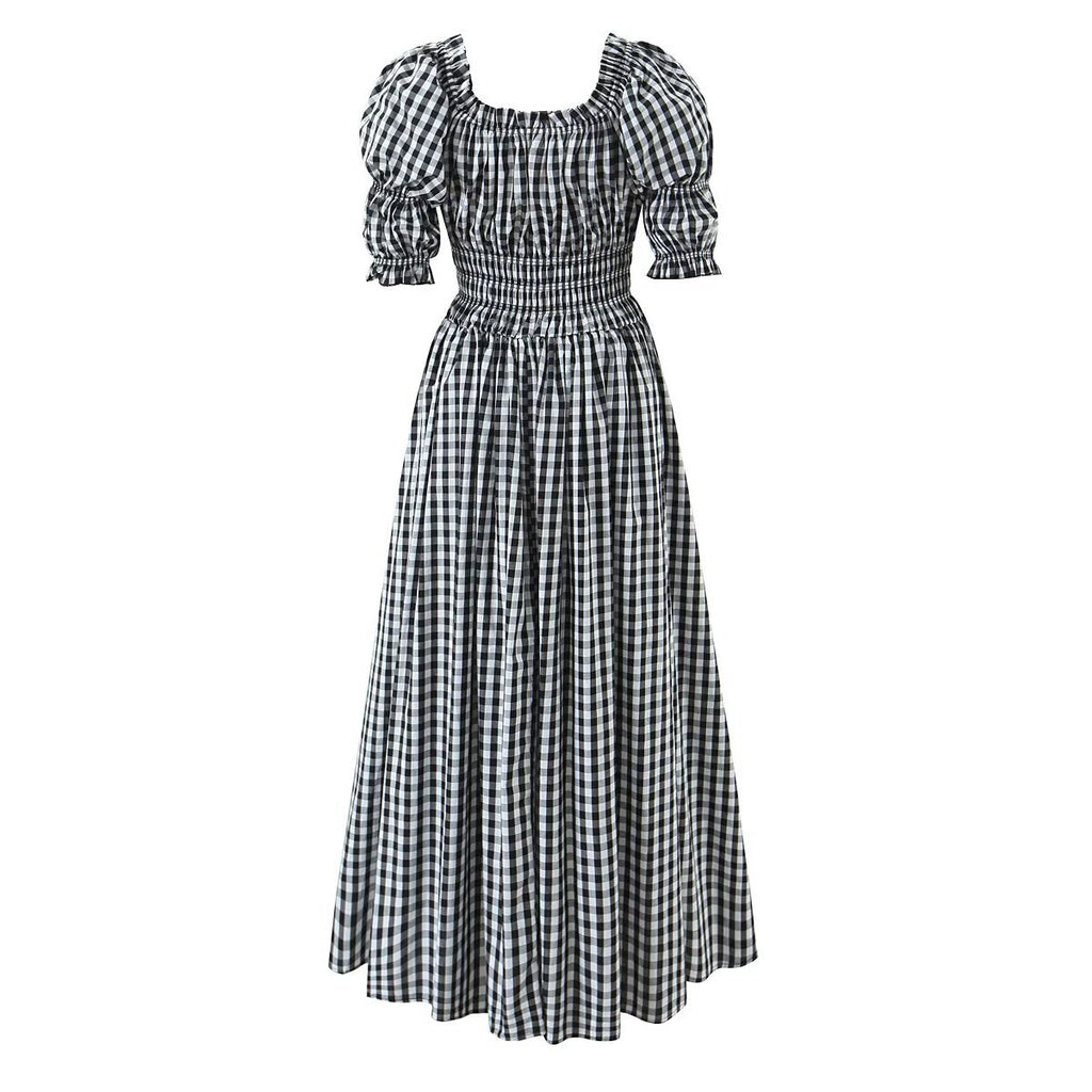 New Women's Fashionable Countryside Grid French Bubble Sleeve Dress with Western Style
