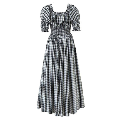 New Women's Fashionable Countryside Grid French Bubble Sleeve Dress with Western Style