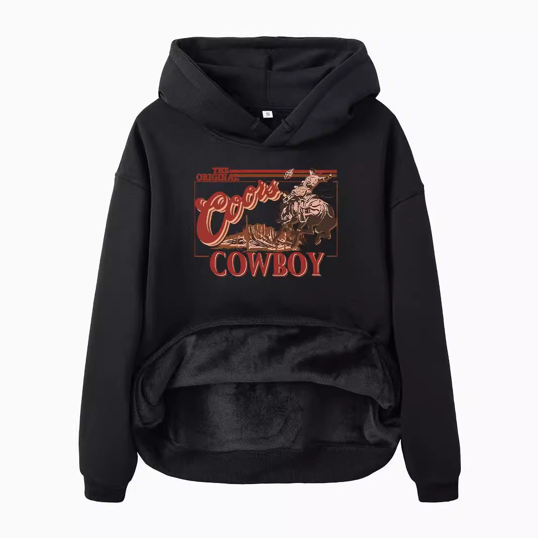 Hooded long sleeved fleece sweatshirt with western denim print