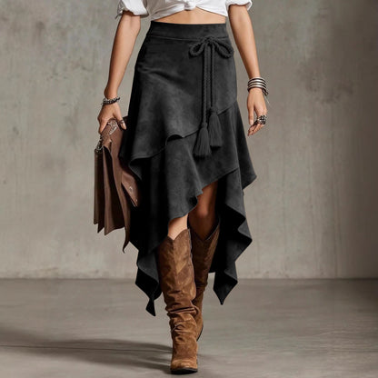 Retro Western Style Irregular Design Suede Skirt Solid Color Midi Skirt
