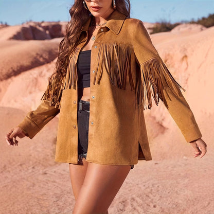 Western Style Solid Color Suede Fringe Jacket for Women