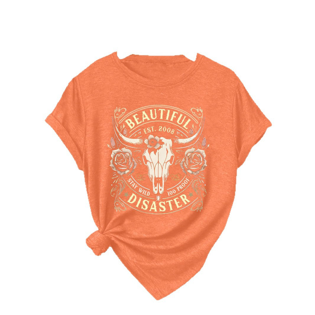 Short sleeved women's T-shirt with Western denim pattern